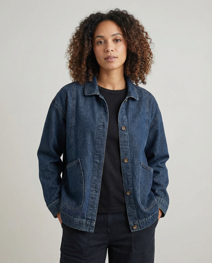 Oversized Denim Utility Jacket with Button Front