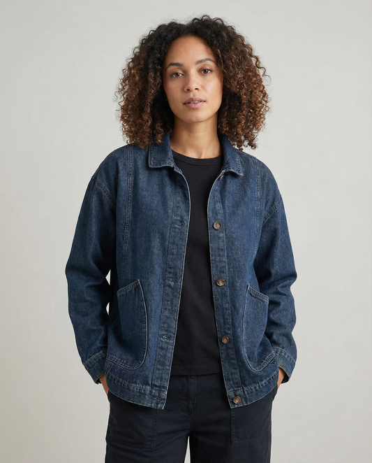 Oversized Denim Utility Jacket with Button Front