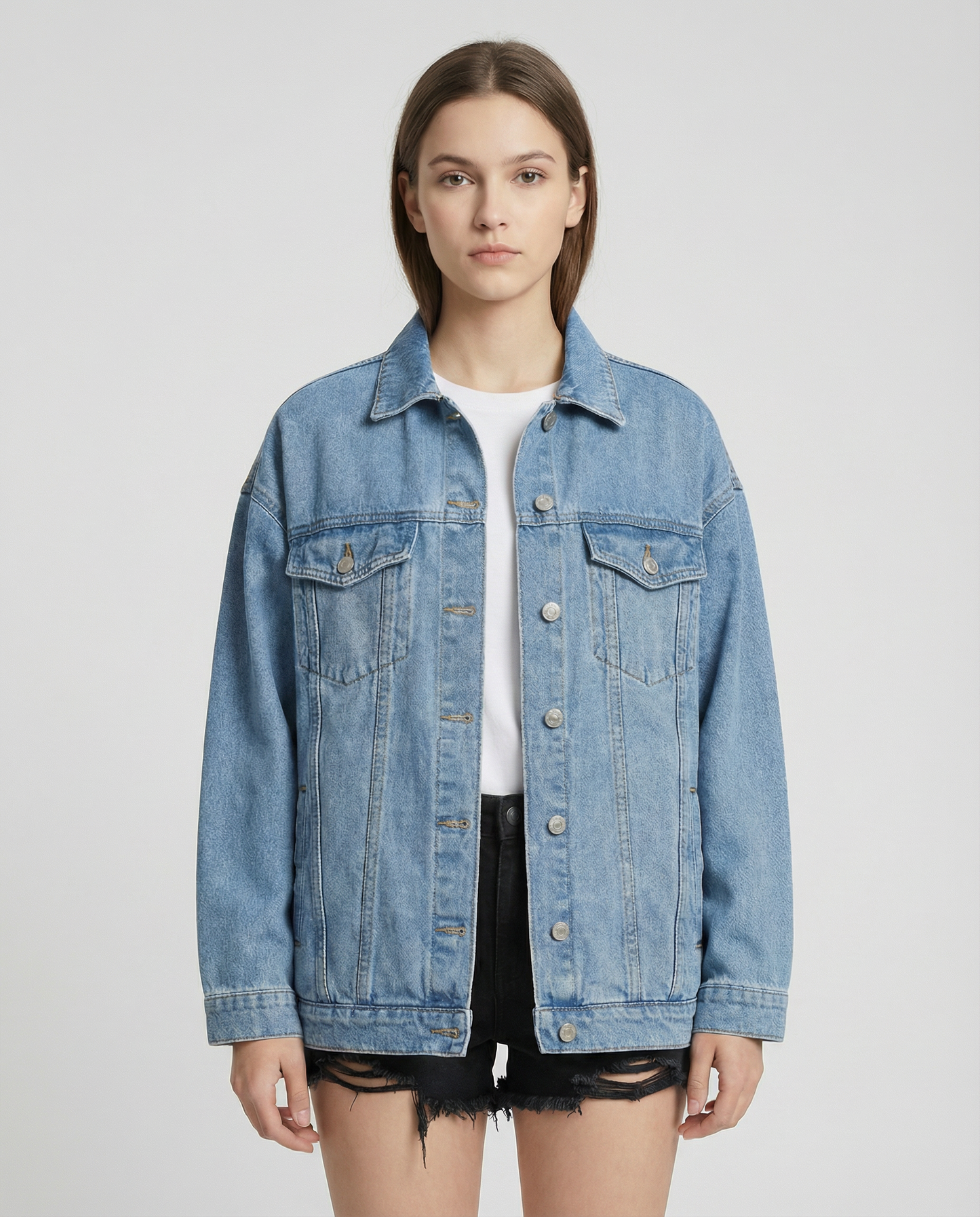 Giacca Oversize in Denim con Design Classico a Bottoni