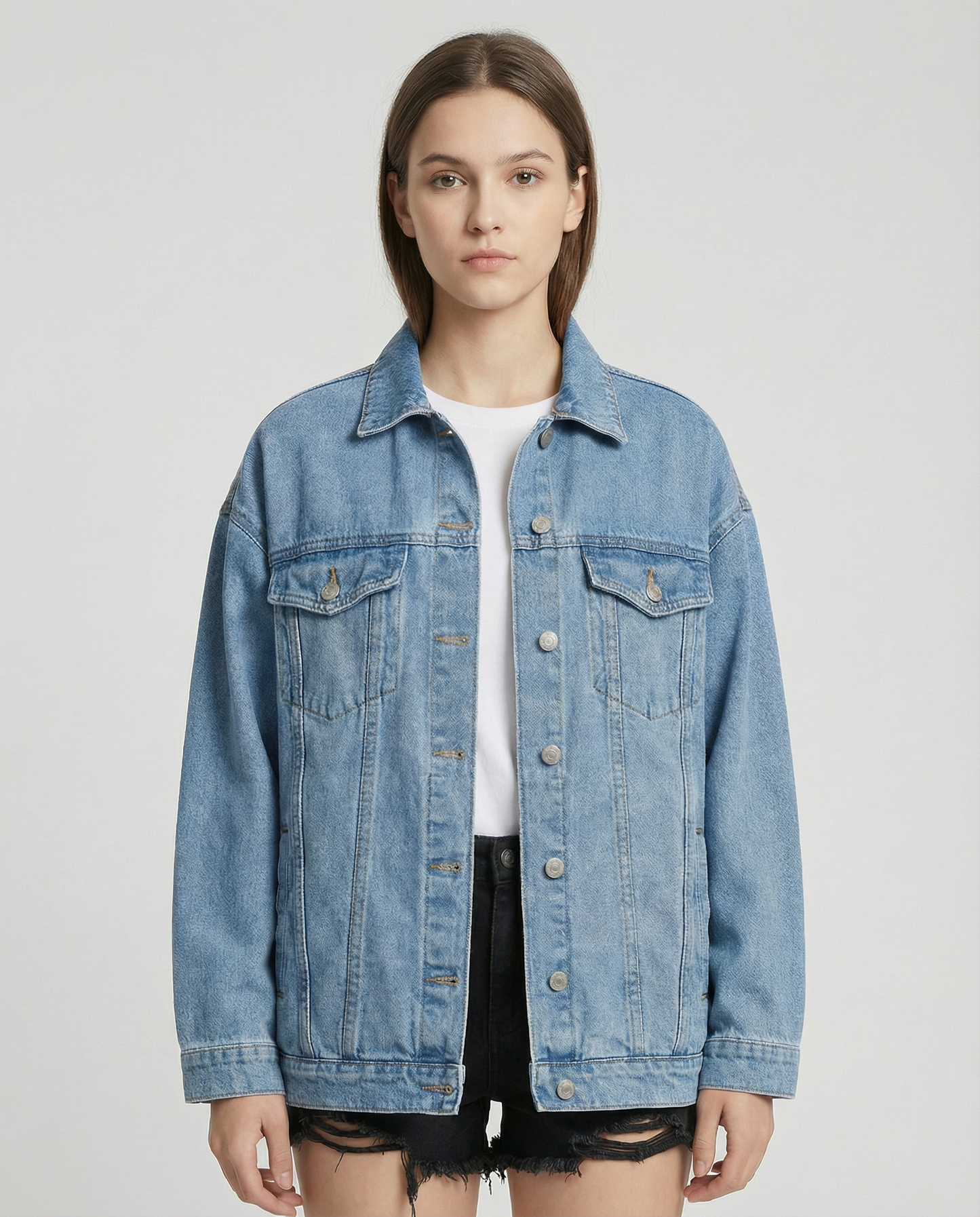 Giacca Oversize in Denim con Design Classico a Bottoni