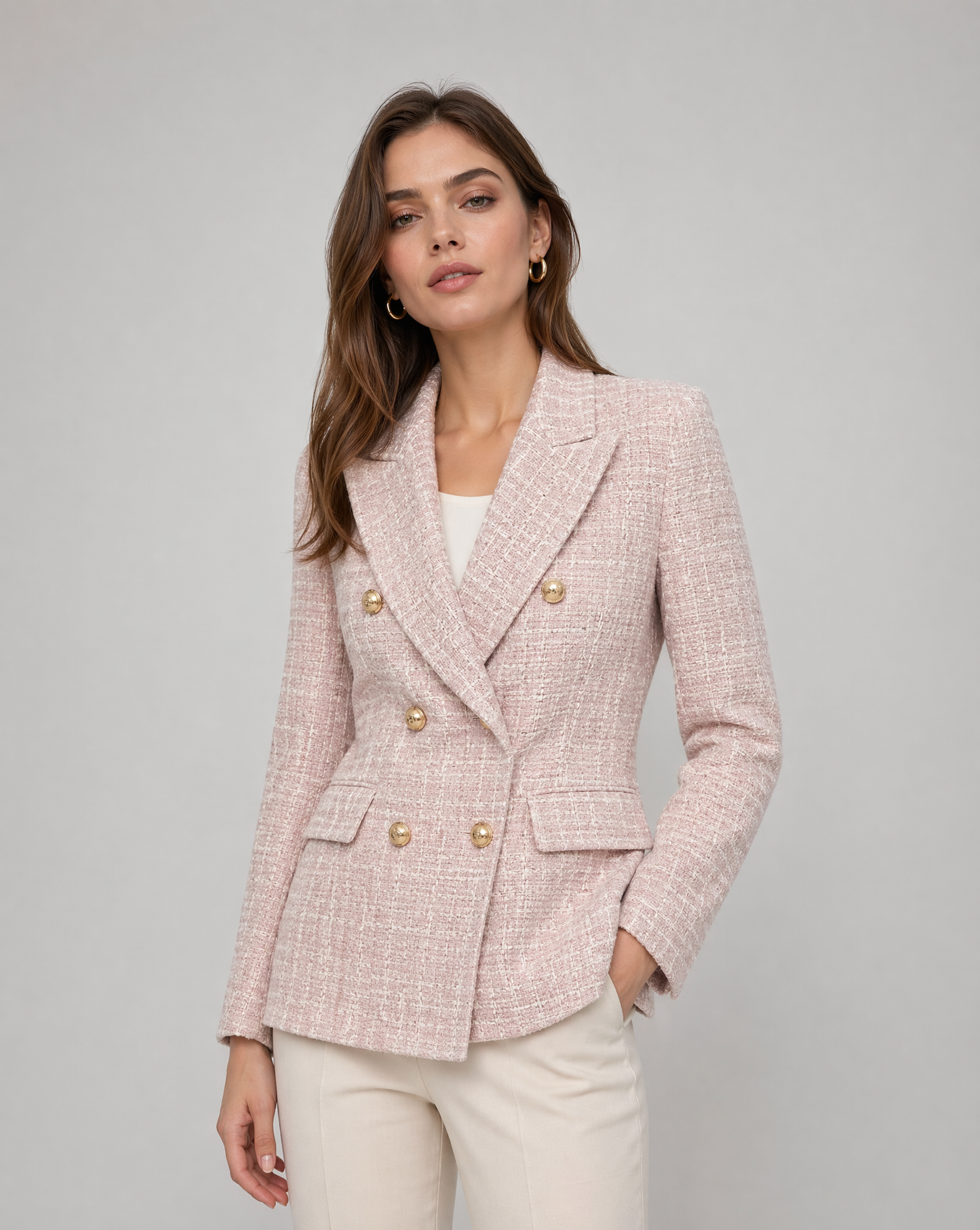 Pink Tweed Double-Breasted Jacket – Gold Button Tailored Blazer