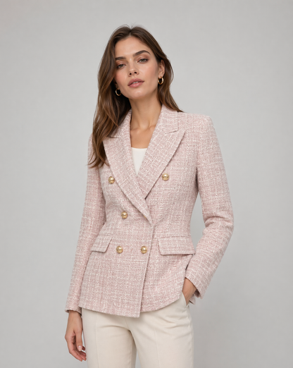 Pink Tweed Double-Breasted Jacket – Gold Button Tailored Blazer