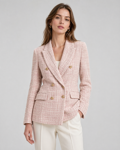 Pink Tweed Double-Breasted Jacket – Gold Button Tailored Blazer
