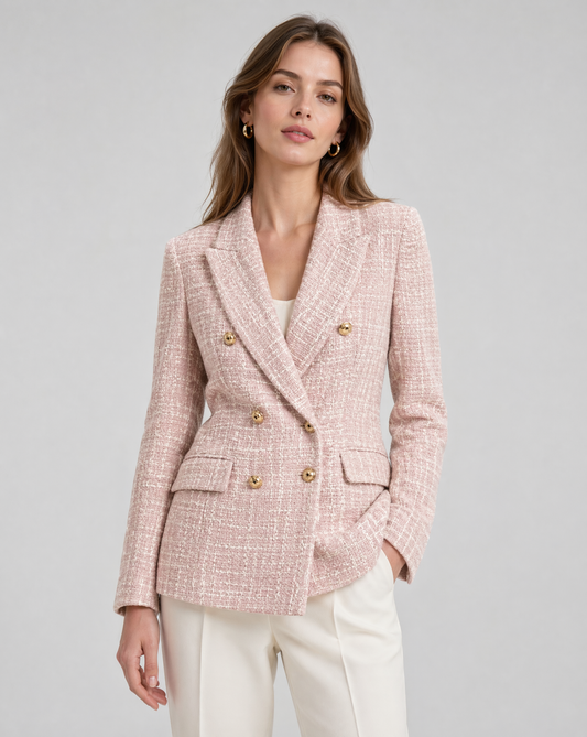 Pink Tweed Double-Breasted Jacket – Gold Button Tailored Blazer