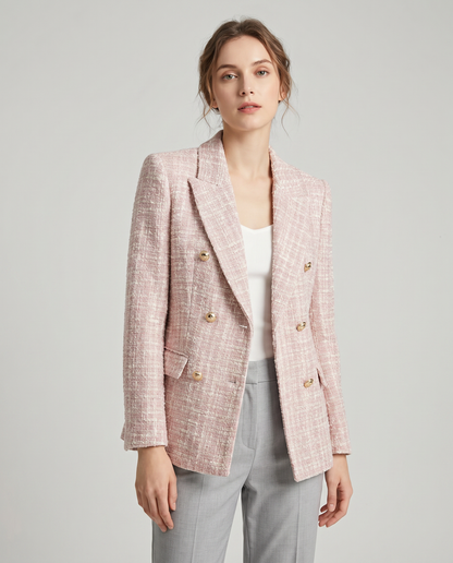 Pink Tweed Double-Breasted Jacket – Gold Button Tailored Blazer