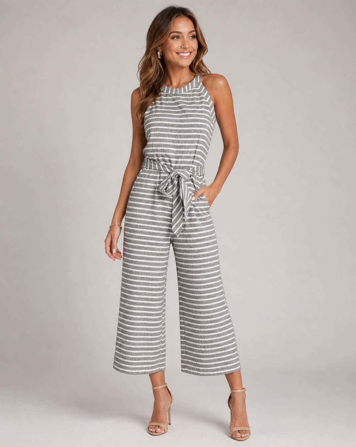 Sleeveless Tie Waist Wide Leg Casual Jumpsuit for Women