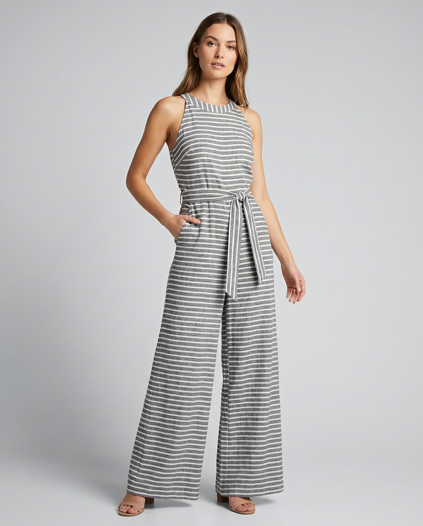 Sleeveless Tie Waist Wide Leg Casual Jumpsuit for Women