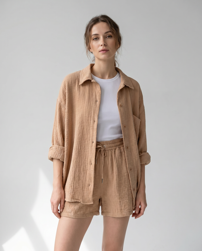 Casual Two-Piece Outfit Co-ord Set with Top and Shorts for Women