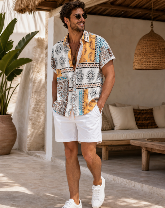 Men's Tribal Print Short Sleeve Button Shirt and Shorts Set