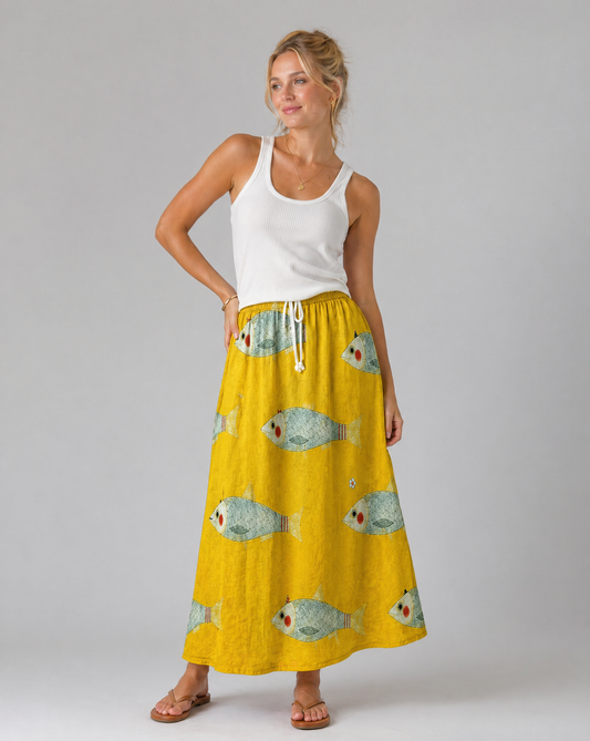 Women's Yellow Fish Art Print Maxi Skirt