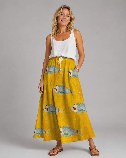 Damen Maxirock mit gelbem Fisch-Kunst-Print