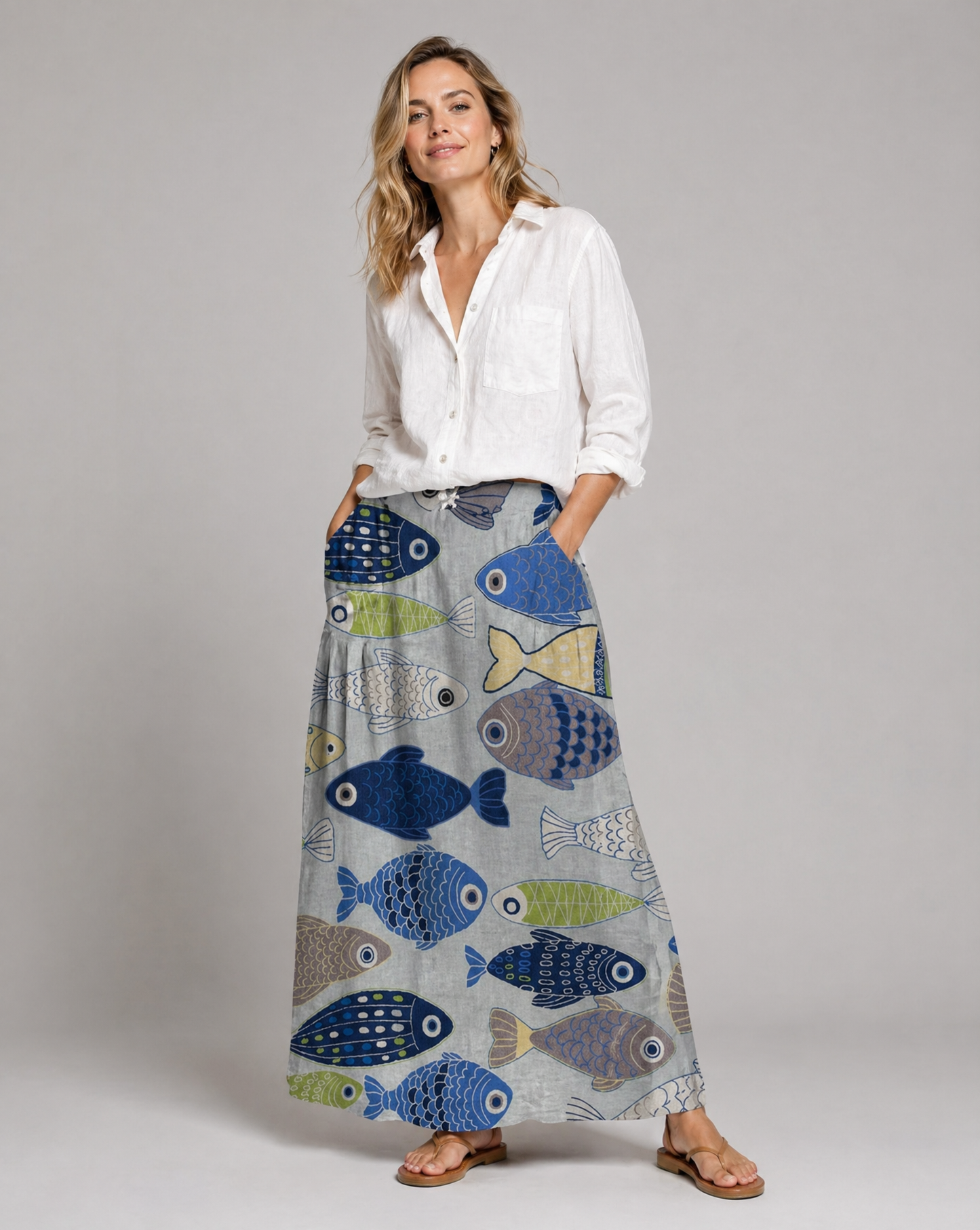 Women's Cute Fish Print A-Line Pocket Skirt