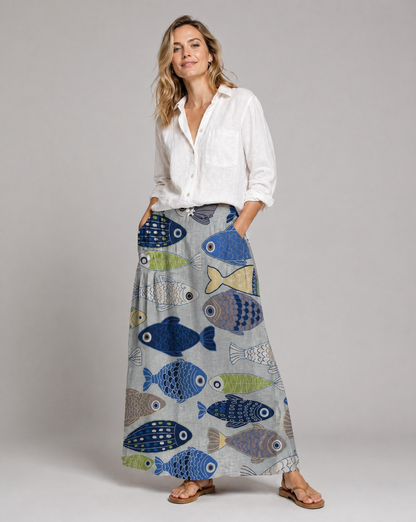 Women's Cute Fish Print A-Line Pocket Skirt