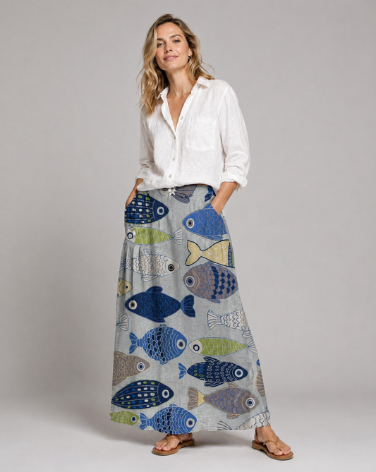 Women's Cute Fish Print A-Line Pocket Skirt