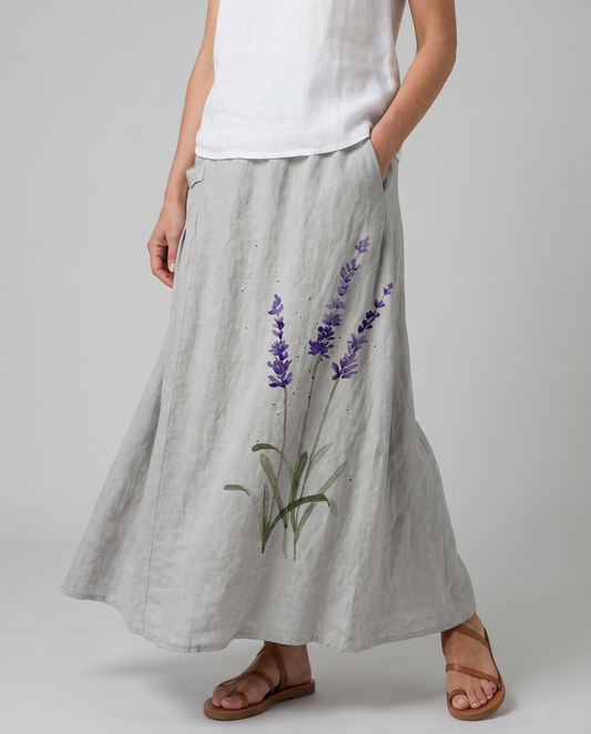 Damenrock mit Lavendel-Print im Cottagecore-Stil und Taschen
