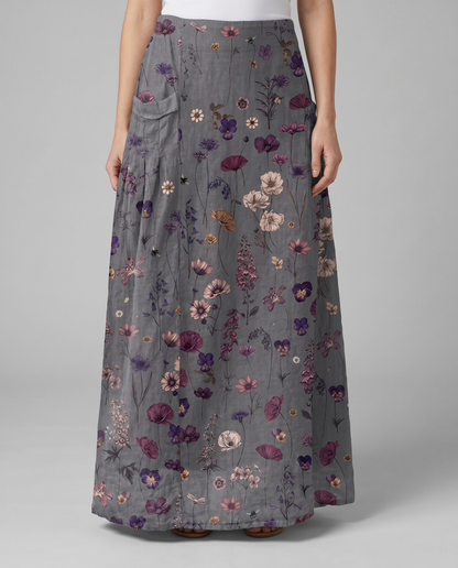 Gonna donna plissettata con stampa floreale scura e tasche