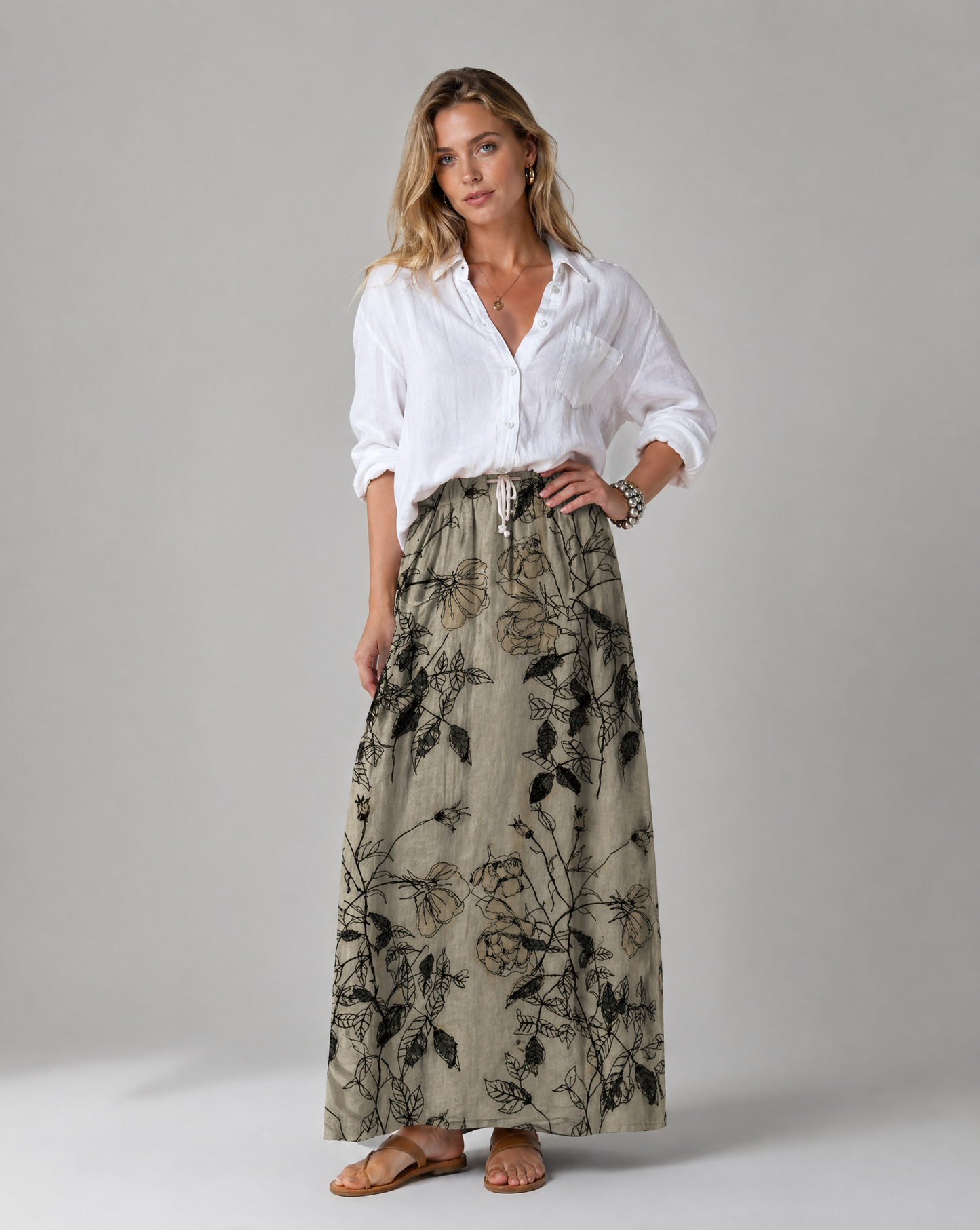 Khaki Floral Print Long Skirt with Side Pockets