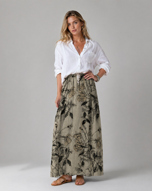 Khaki Floral Print Long Skirt with Side Pockets