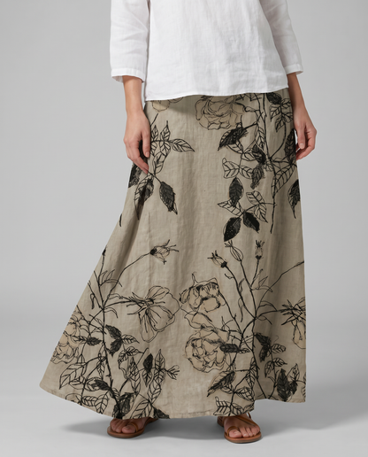 Gonna lunga kaki con stampa floreale e tasche laterali