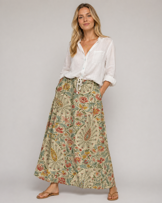 Beige Floral Print Long Skirt with Hidden Pockets