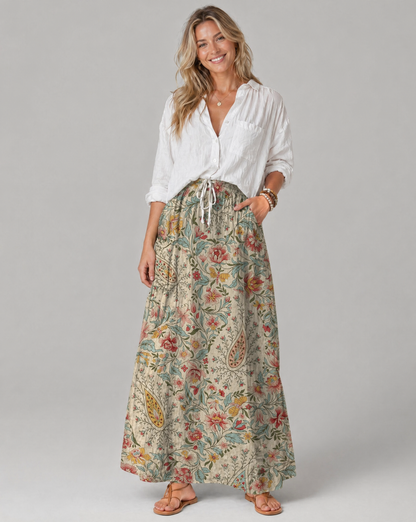 Gonna lunga beige con stampa floreale e tasche nascoste