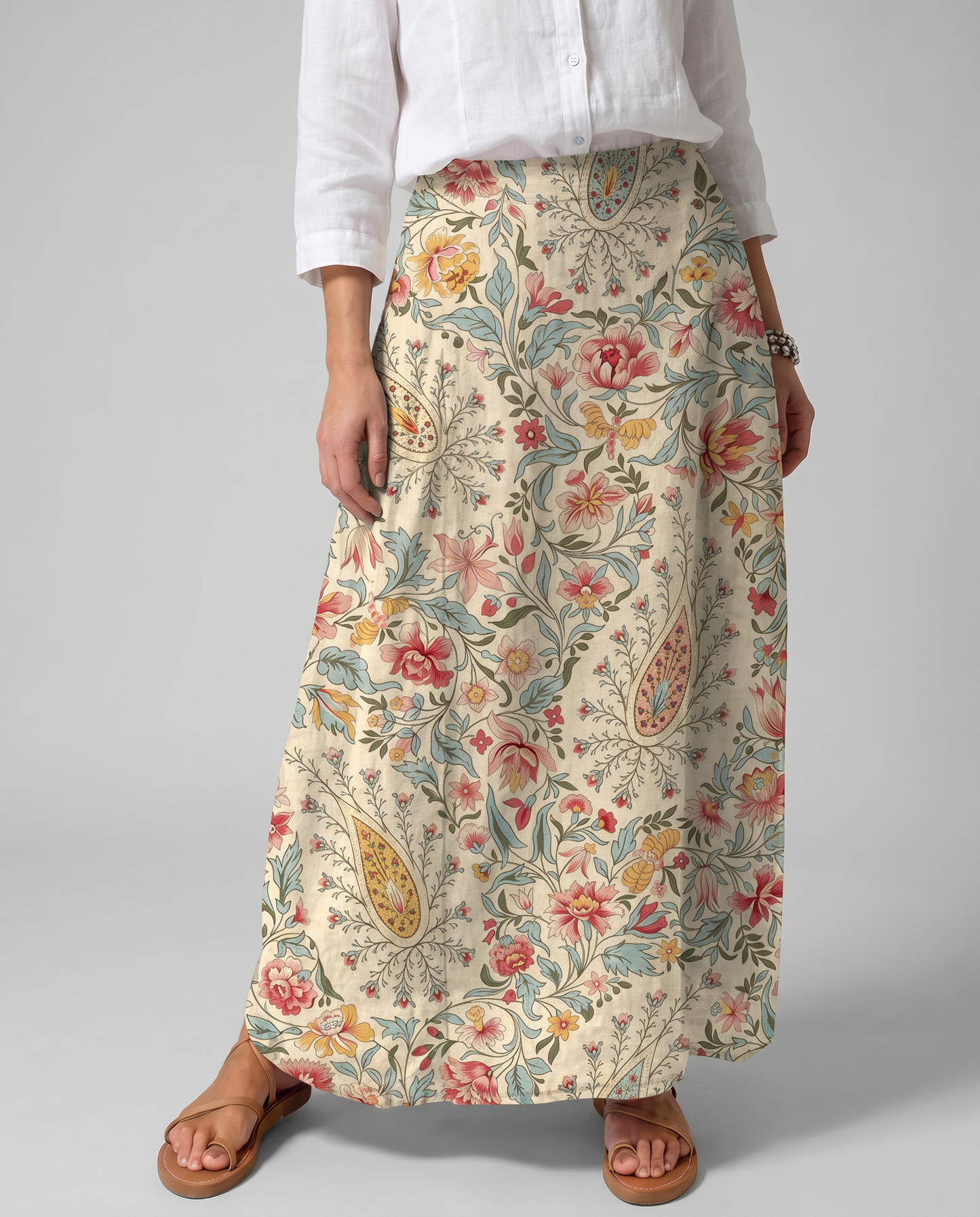 Gonna lunga beige con stampa floreale e tasche nascoste