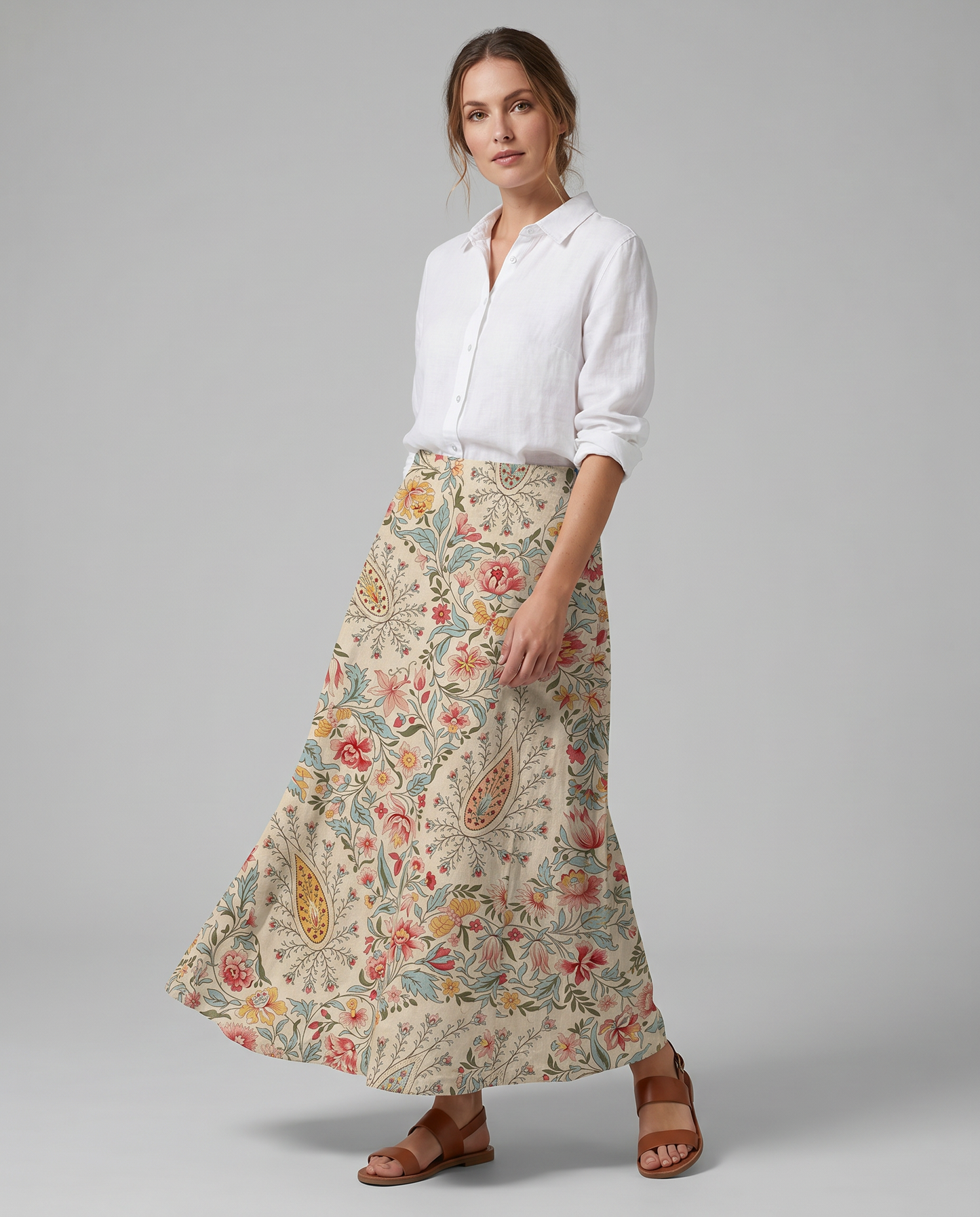 Gonna lunga beige con stampa floreale e tasche nascoste