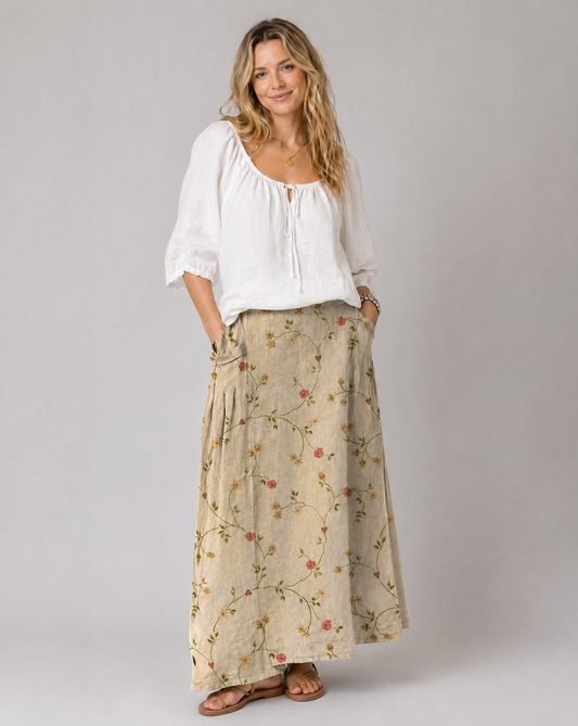 Beige Vintage Floral Long Skirt with Pockets