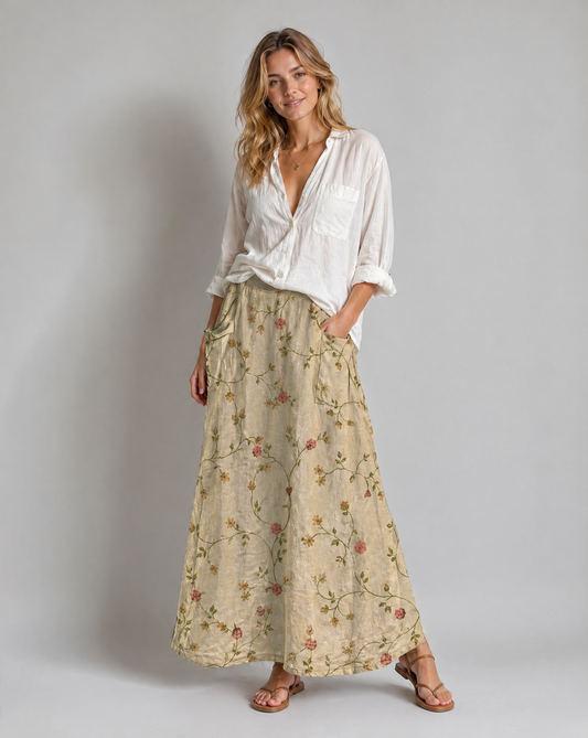 Beiger Vintage-Blumen-Langrock mit Taschen