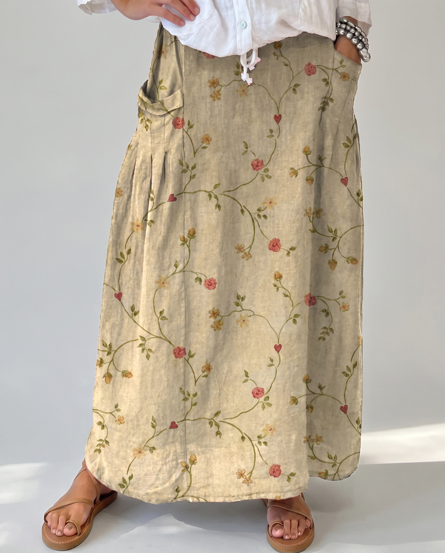 Gonna lunga beige con stampa floreale vintage e tasche