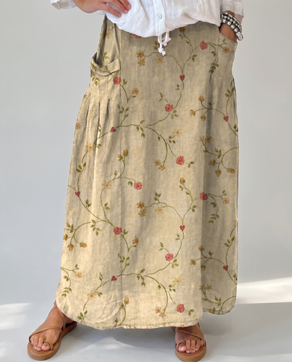 Gonna lunga beige con stampa floreale vintage e tasche