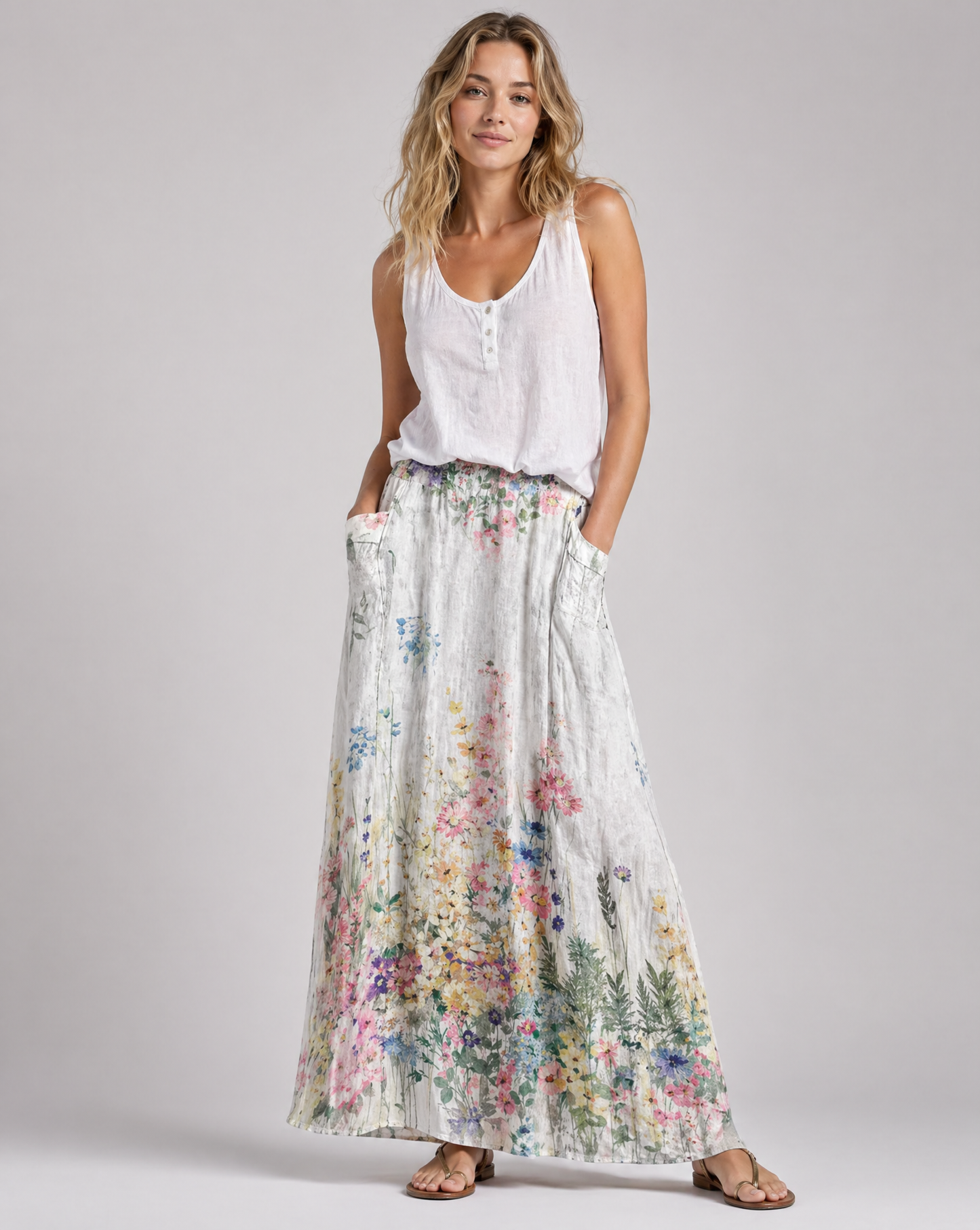 Gonna lunga bianca con stampa botanica floreale e vita elasticizzata