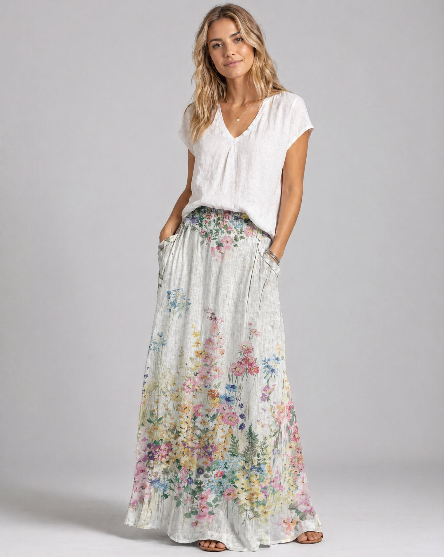 White Botanical Floral Long Skirt with Stretchy Waist