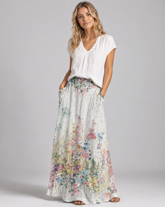 White Botanical Floral Long Skirt with Stretchy Waist
