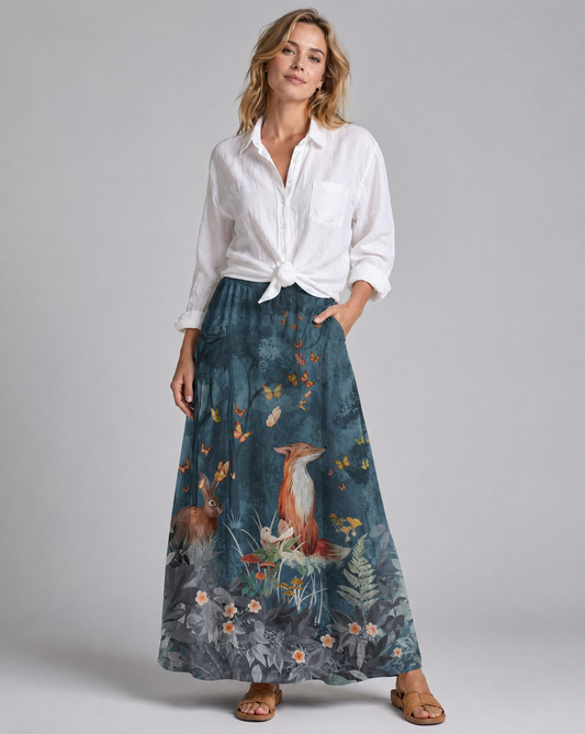 Dark Blue Floral & Animal Print Casual Skirt