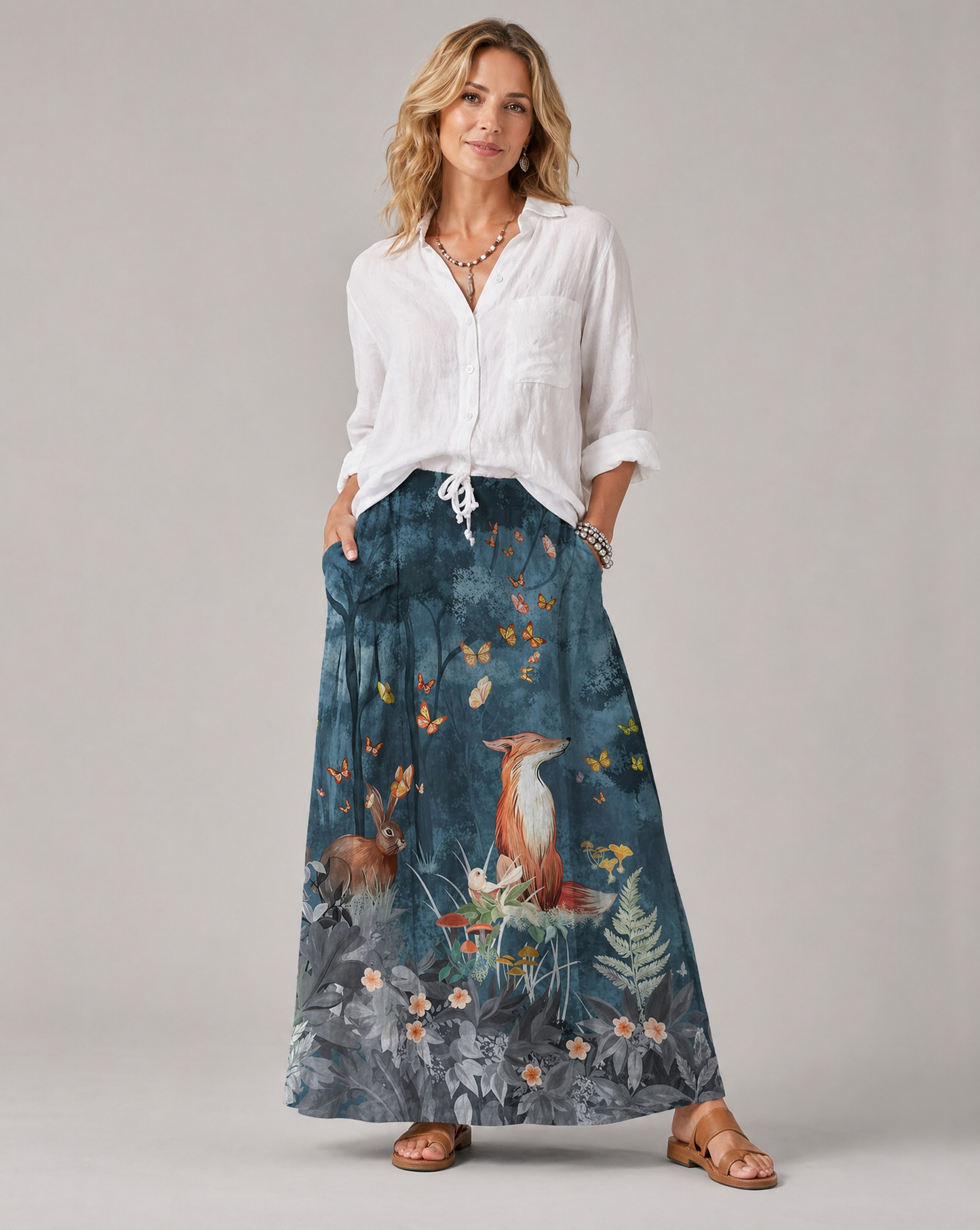 Gonna casual blu scuro con stampa floreale e animale