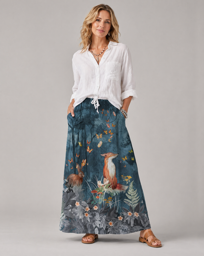 Gonna casual blu scuro con stampa floreale e animale