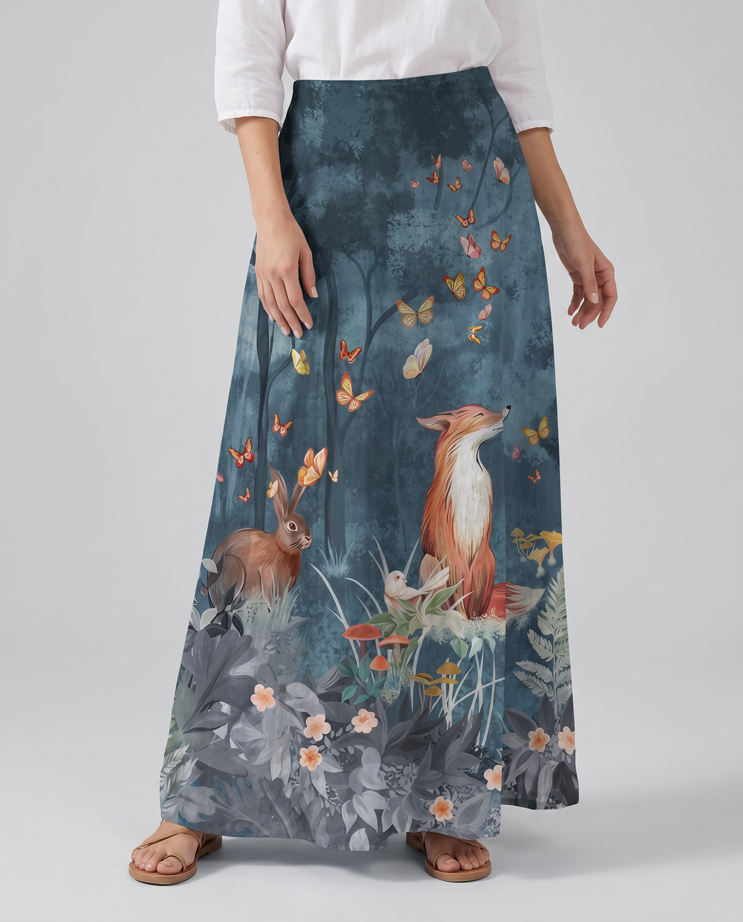 Gonna casual blu scuro con stampa floreale e animale