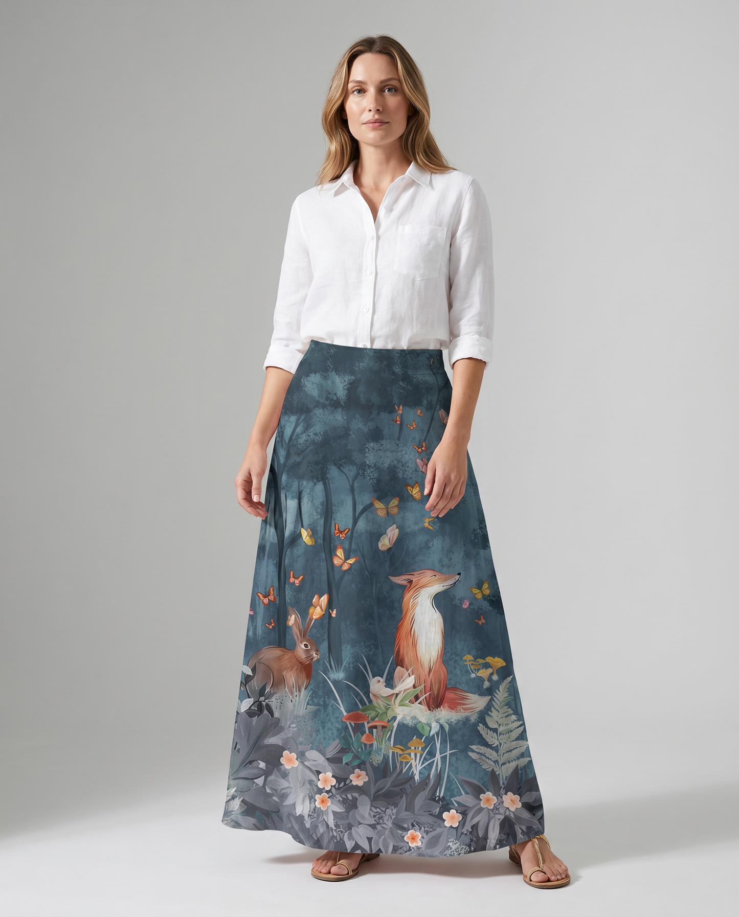 Gonna casual blu scuro con stampa floreale e animale