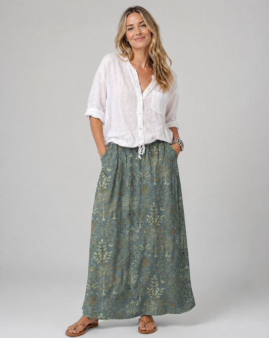 Dark Green Woodland Botanical Print Pocket Skirt
