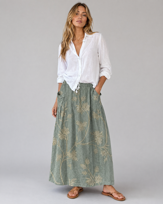 Light Grey Vintage Floral A-Line Skirt with Pockets