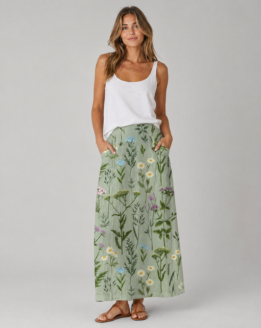 Green Spring Meadow Print Pocket Skirt