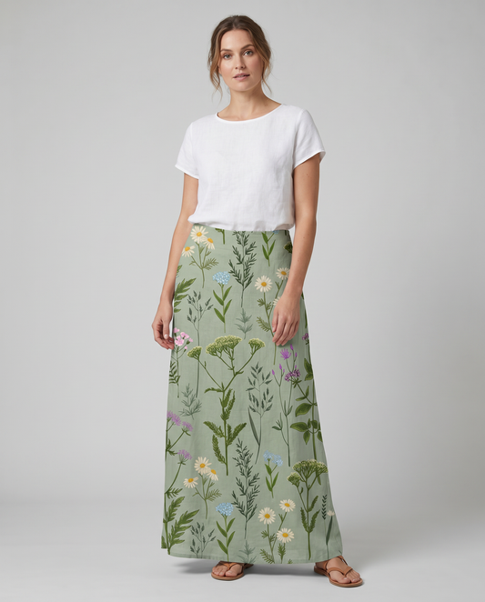 Grüner Rock mit Frühlingswiesen-Print und Taschen