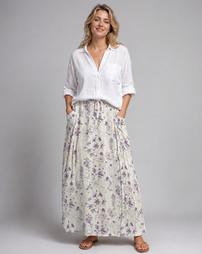 White Vintage Floral Print Long Skirt with Pockets