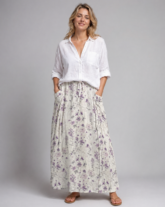 White Vintage Floral Print Long Skirt with Pockets
