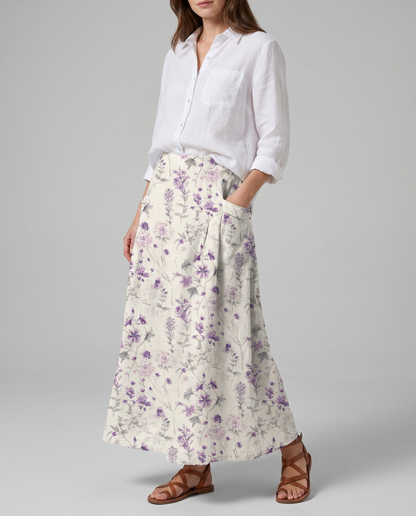Gonna lunga bianca con stampa floreale vintage e tasche