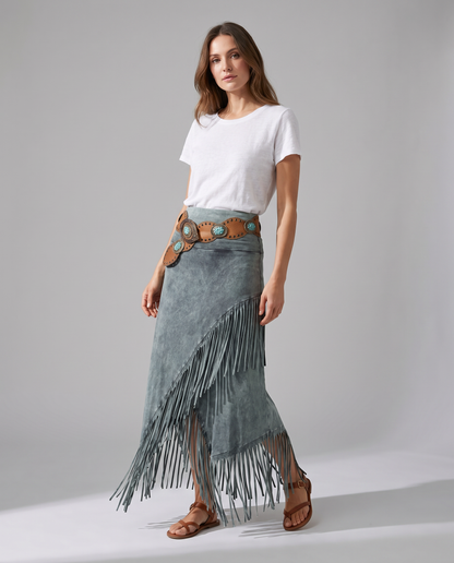 Gonna lunga bohemien grigia con frange e nappine