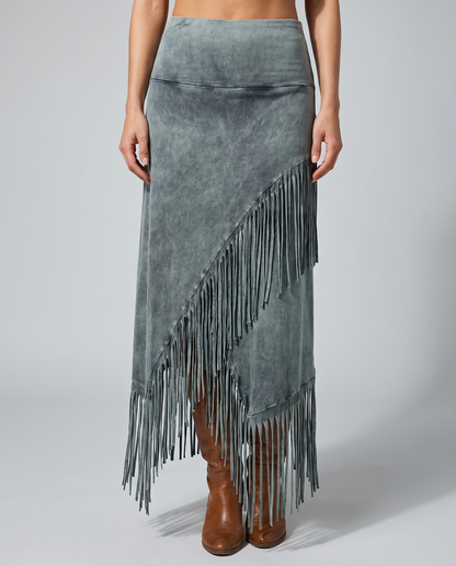 Gonna lunga bohemien grigia con frange e nappine
