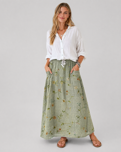 Gonna verde salvia con stampa floreale vintage e tasche