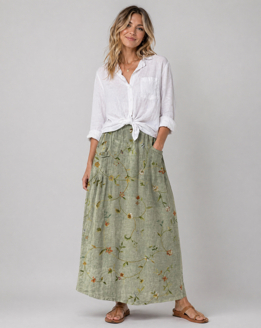 Sage Green Vintage Floral Skirt with Pockets
